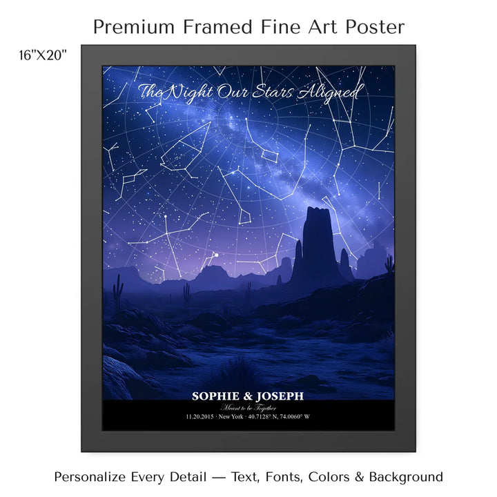 Personalized star map wall art with customizable background, title, names, date, location, and coordinates - 16x20 framed poster-ARTFULANE