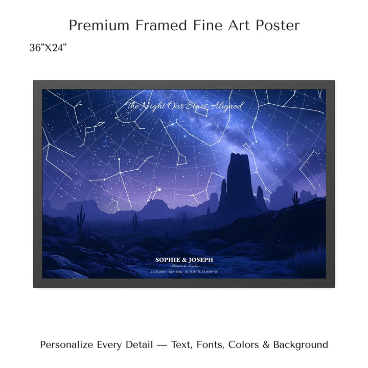 Personalized star map wall art with customizable background, title, names, date, location, and coordinates - 36x24 framed poster-ARTFULANE