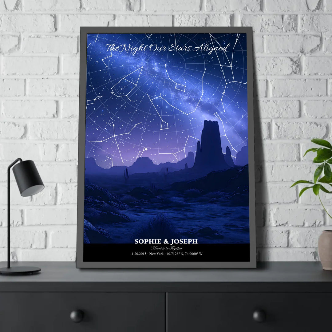 Personalized star map wall art with customizable background, title, names, date, location, and coordinates - 28x40 framed poster on table-ARTFULANE