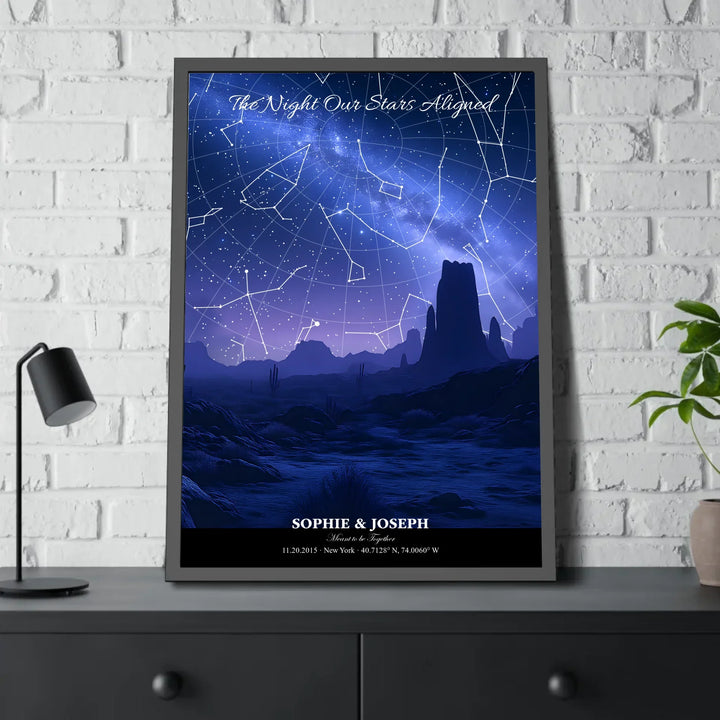 Personalized star map wall art with customizable background, title, names, date, location, and coordinates - 28x40 framed poster on table-ARTFULANE