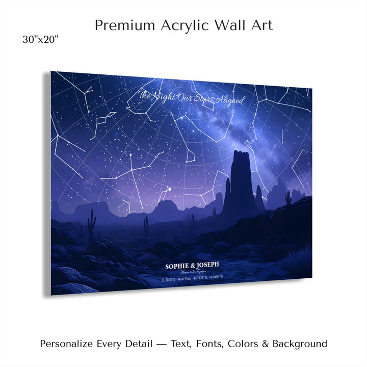 Personalized star map wall art with customizable background, title, names, date, location, and coordinates - 30x20 acrylic print with french cleat-ARTFULANE
