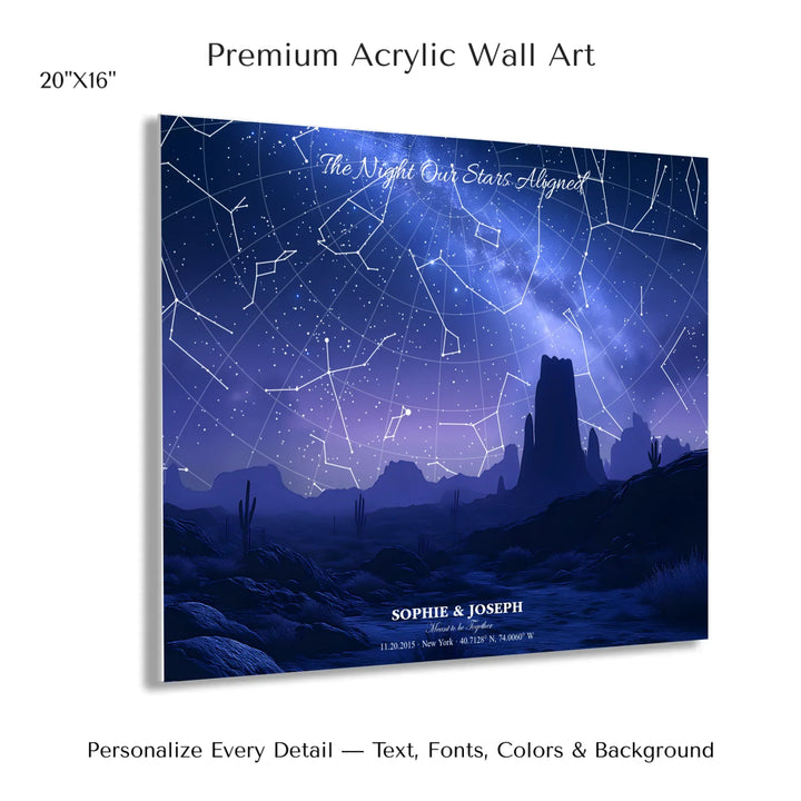 Personalized star map wall art with customizable background, title, names, date, location, and coordinates - 20x16 acrylic print with french cleat-ARTFULANE