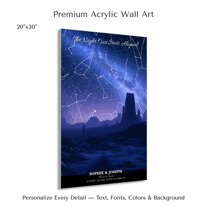 Personalized star map wall art with customizable background, title, names, date, location, and coordinates - 20x30 acrylic print with french cleat-ARTFULANE