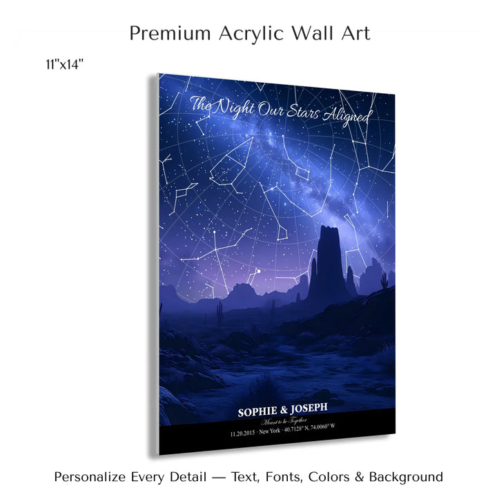 Personalized star map wall art with customizable background, title, names, date, location, and coordinates - 11x14 acrylic print with french cleat-ARTFULANE