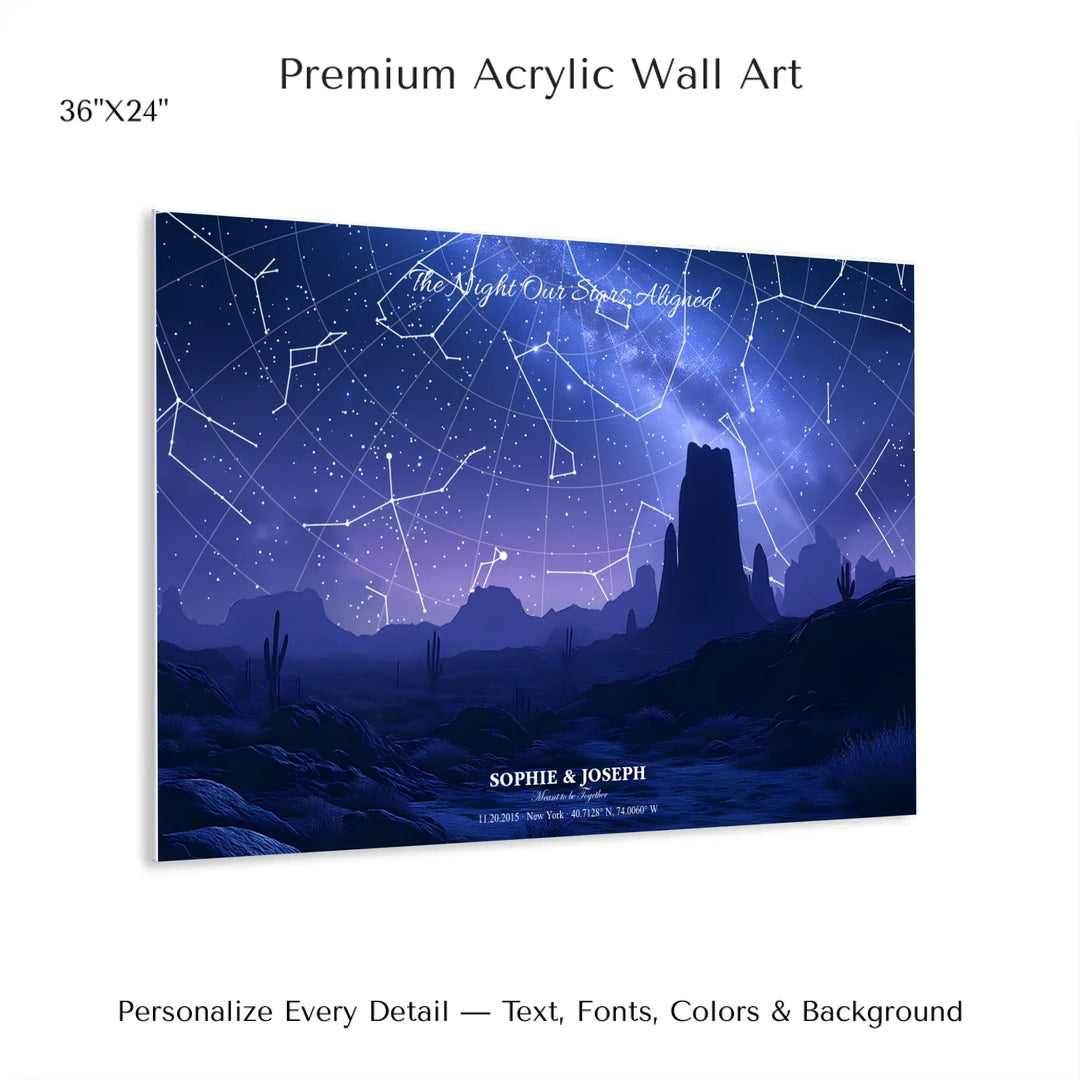 Personalized star map wall art with customizable background, title, names, date, location, and coordinates - 36x24 acrylic print with french cleat-ARTFULANE