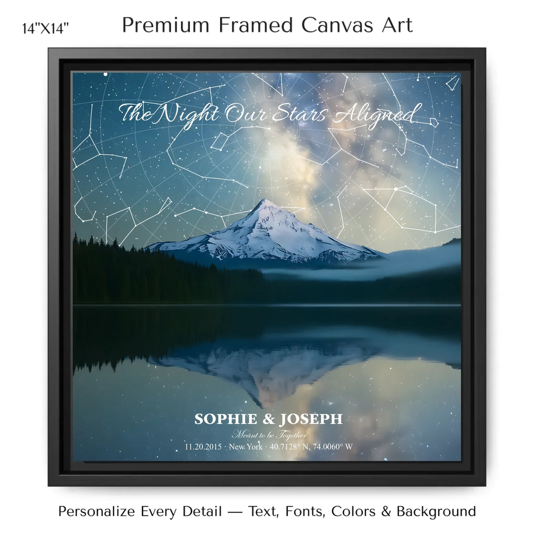 Personalized star map wall art with customizable background, title, names, date, location, and coordinates - 14x14 framed canvas-ARTFULANE