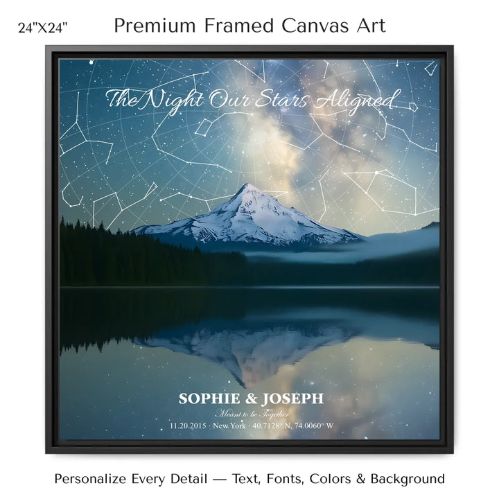 Personalized star map wall art with customizable background, title, names, date, location, and coordinates - 24x24 framed canvas-ARTFULANE