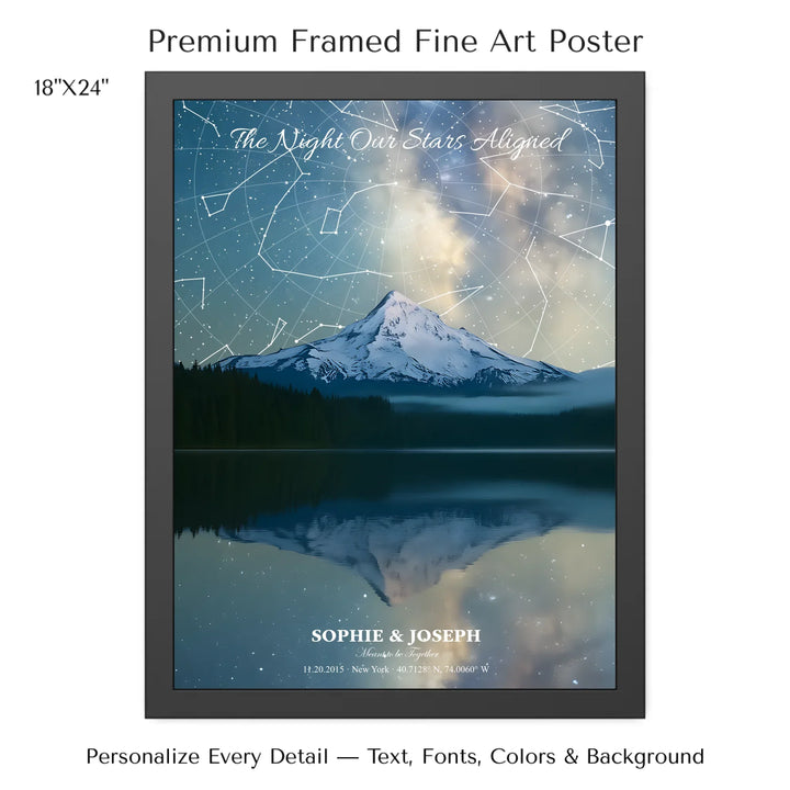 Personalized star map wall art with customizable background, title, names, date, location, and coordinates - 18x24 framed poster-ARTFULANE