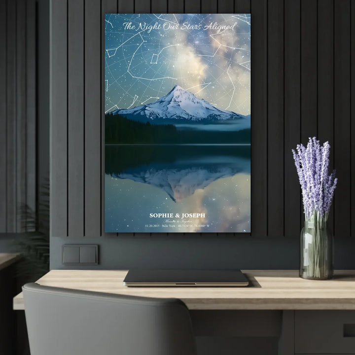 Personalized star map wall art with customizable background, title, names, date, location, and coordinates - 24x36 acrylic print french with cleat context-ARTFULANE