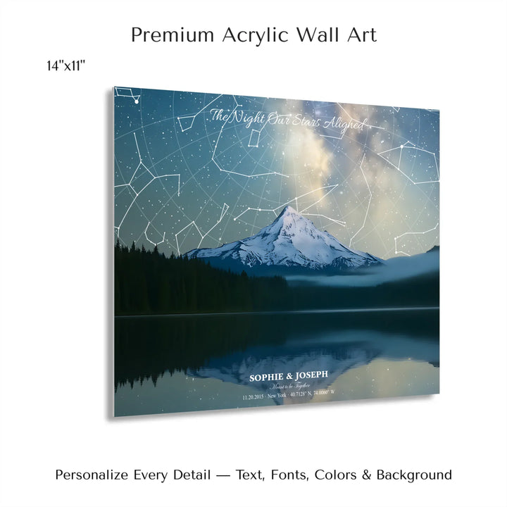 Personalized star map wall art with customizable background, title, names, date, location, and coordinates - 14x11 acrylic print with french cleat-ARTFULANE
