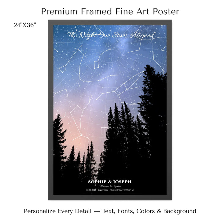 Personalized star map wall art with customizable background, title, names, date, location, and coordinates - 24x36 framed poster-ARTFULANE