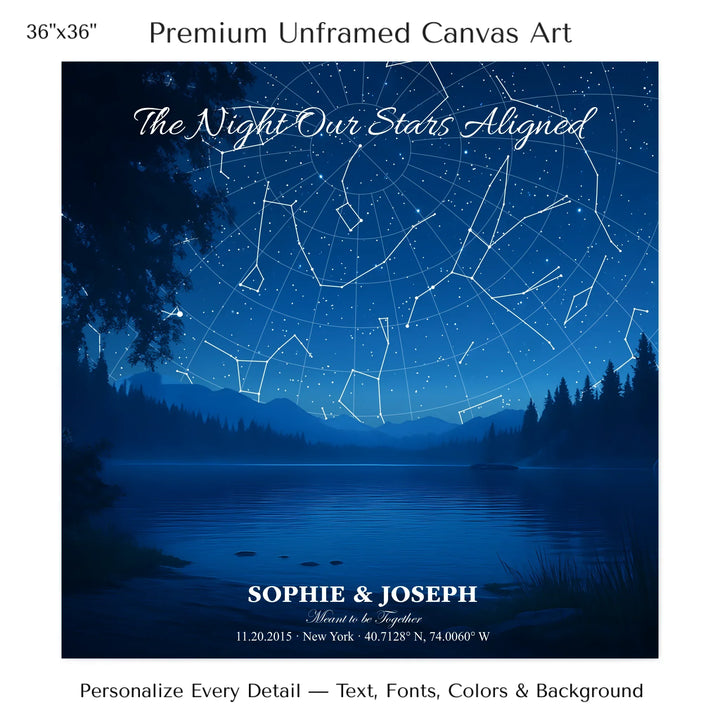 Personalized star map wall art with customizable background, title, names, date, location, and coordinates - 36x36 stretched canvas-ARTFULANE