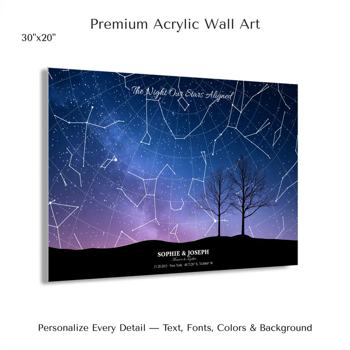 Personalized star map wall art with customizable background, title, names, date, location, and coordinates - 30x20 acrylic print with french cleat-ARTFULANE