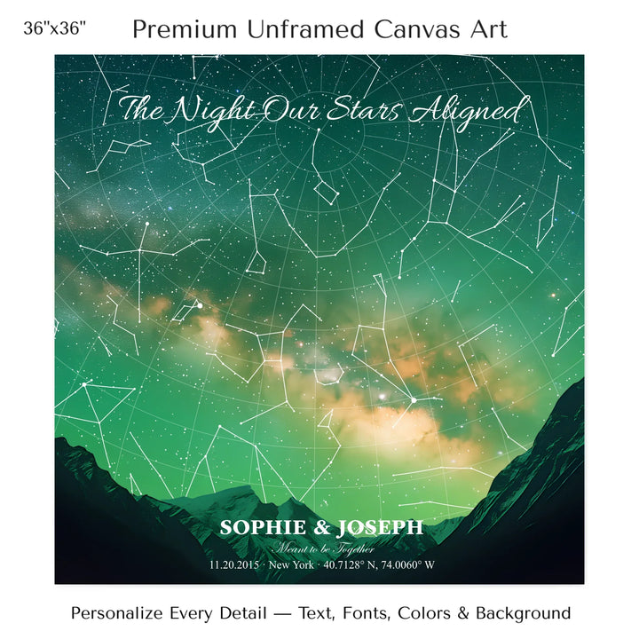 Personalized star map wall art with customizable background, title, names, date, location, and coordinates - 36x36 stretched canvas-ARTFULANE
