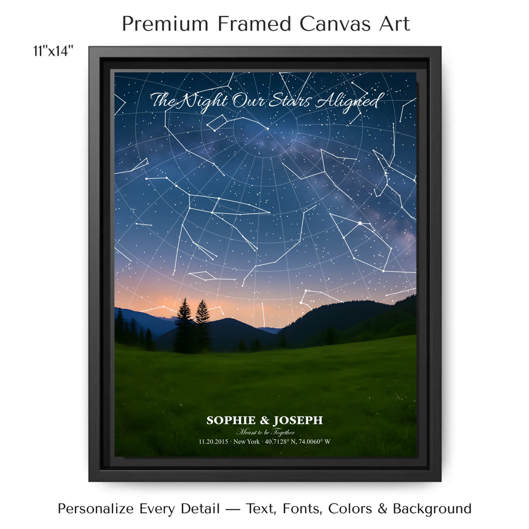 Personalized star map wall art with customizable background, title, names, date, location, and coordinates - 11x14 framed canvas-ARTFULANE