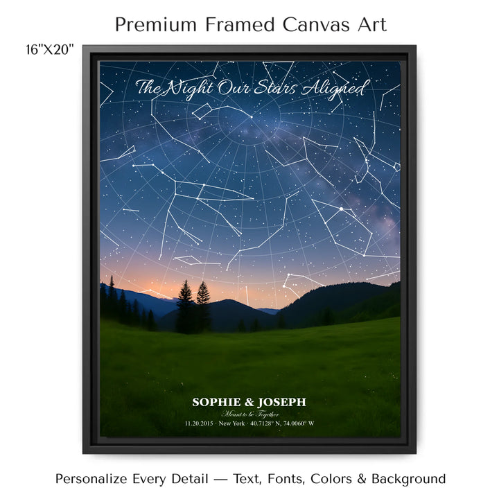 Personalized star map wall art with customizable background, title, names, date, location, and coordinates - 16x20 framed canvas-ARTFULANE