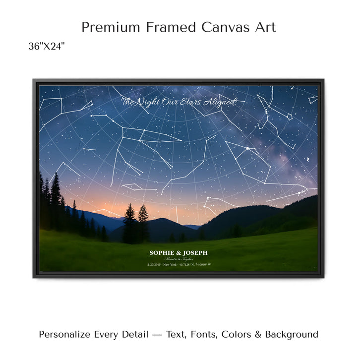 Personalized star map wall art with customizable background, title, names, date, location, and coordinates - 36x24 framed canvas-ARTFULANE