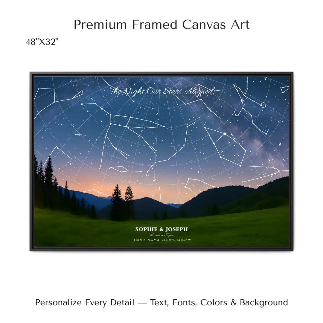Personalized star map wall art with customizable background, title, names, date, location, and coordinates - 48x32 framed canvas-ARTFULANE