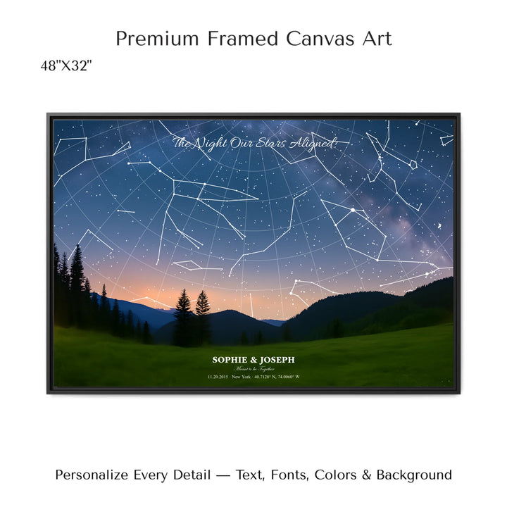 Personalized star map wall art with customizable background, title, names, date, location, and coordinates - 48x32 framed canvas-ARTFULANE