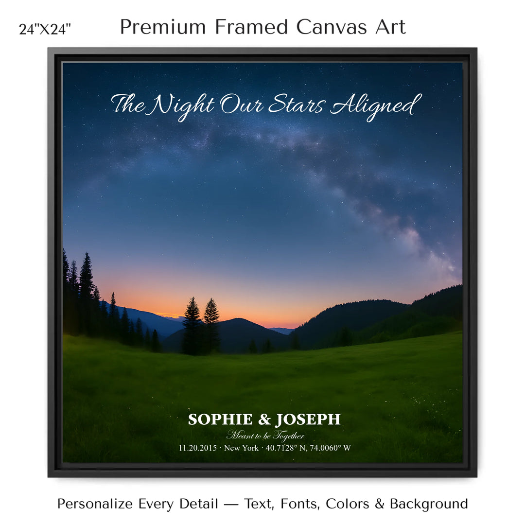 Personalized star map wall art with customizable background, title, names, date, location, and coordinates - 24x24 framed canvas-ARTFULANE