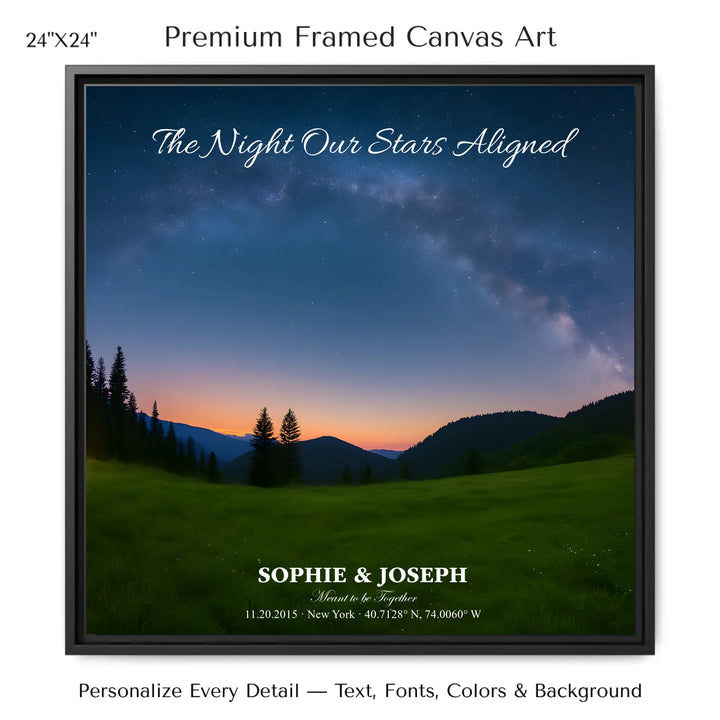 Personalized star map wall art with customizable background, title, names, date, location, and coordinates - 24x24 framed canvas-ARTFULANE