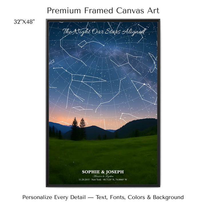 Personalized star map wall art with customizable background, title, names, date, location, and coordinates - 32x48 framed canvas-ARTFULANE