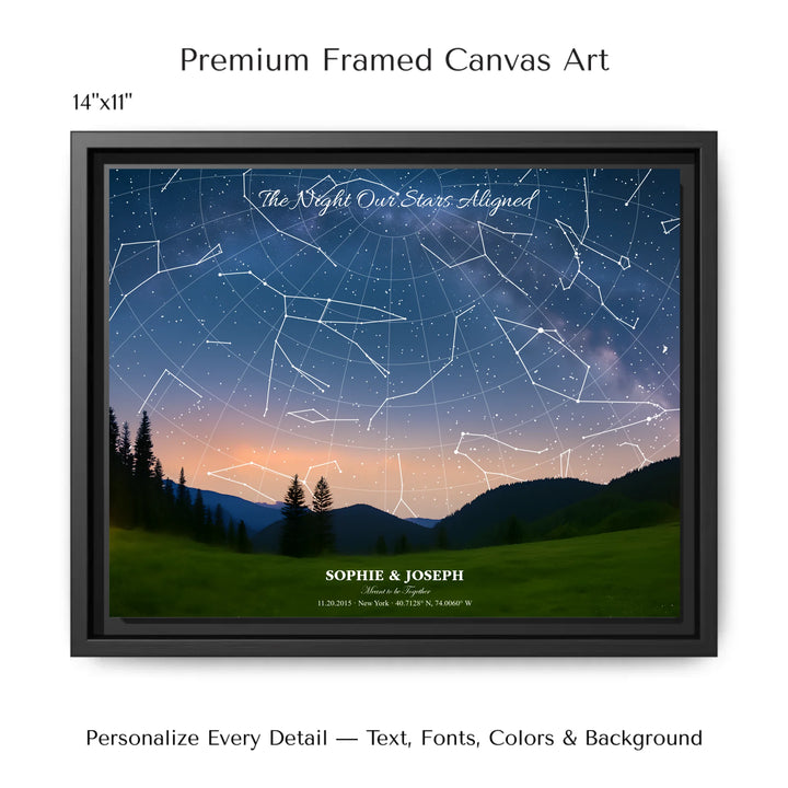 Personalized star map wall art with customizable background, title, names, date, location, and coordinates - 14x11 framed canvas-ARTFULANE