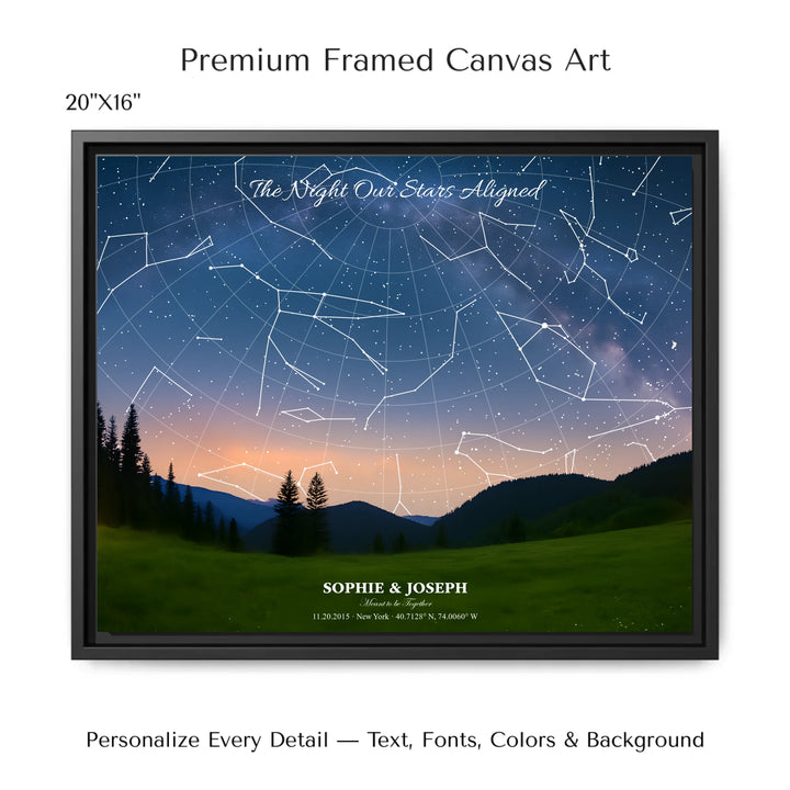 Personalized star map wall art with customizable background, title, names, date, location, and coordinates - 20x16 framed canvas-ARTFULANE