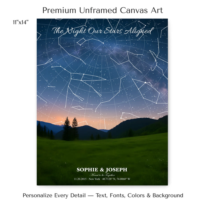 Personalized star map wall art with customizable background, title, names, date, location, and coordinates - 11x14 stretched canvas-ARTFULANE