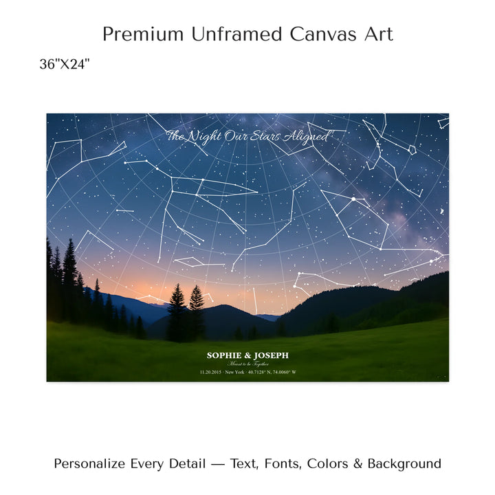 Personalized star map wall art with customizable background, title, names, date, location, and coordinates - 36x24 stretched canvas-ARTFULANE