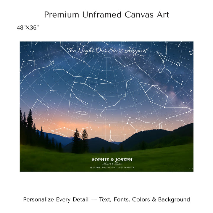 Personalized star map wall art with customizable background, title, names, date, location, and coordinates - 48x36 stretched canvas-ARTFULANE