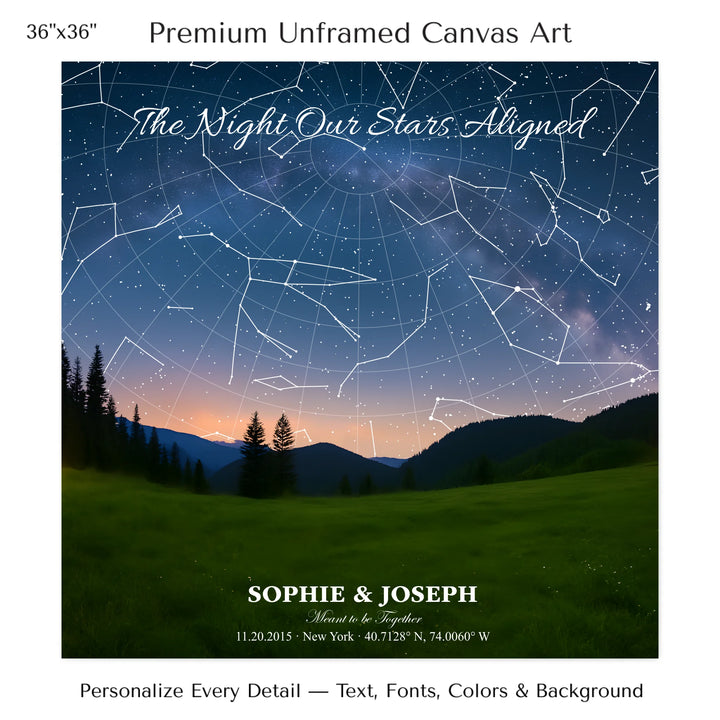 Personalized star map wall art with customizable background, title, names, date, location, and coordinates - 36x36 stretched canvas-ARTFULANE