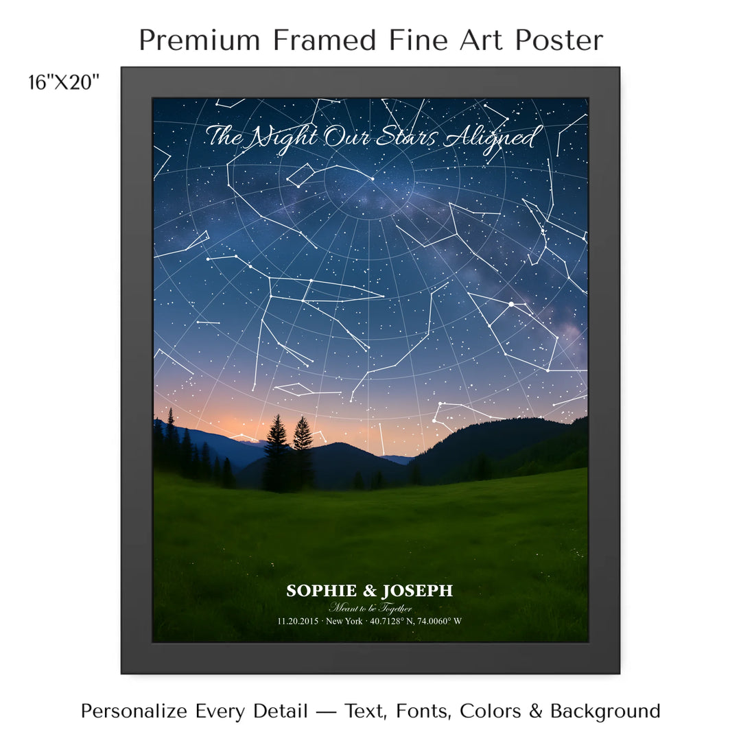 Personalized star map wall art with customizable background, title, names, date, location, and coordinates - 16x20 framed poster-ARTFULANE