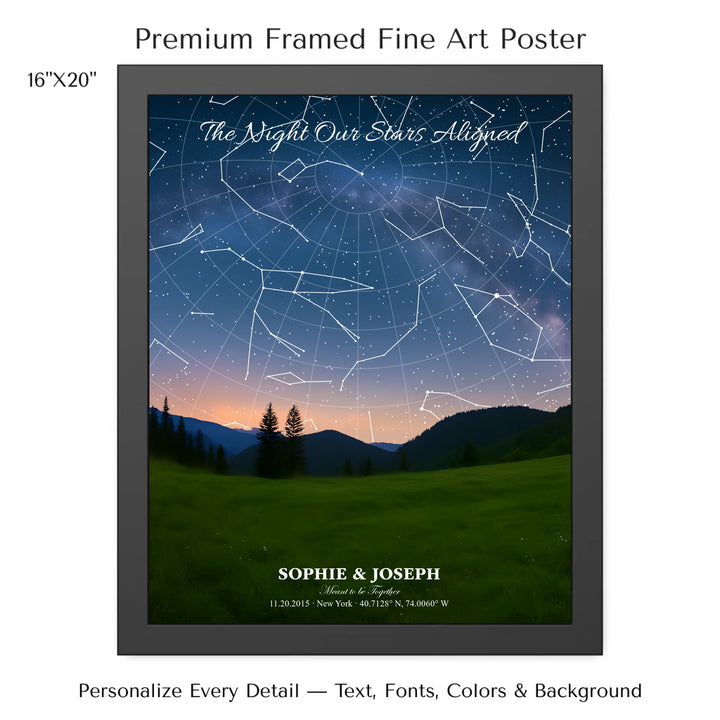 Personalized star map wall art with customizable background, title, names, date, location, and coordinates - 16x20 framed poster-ARTFULANE