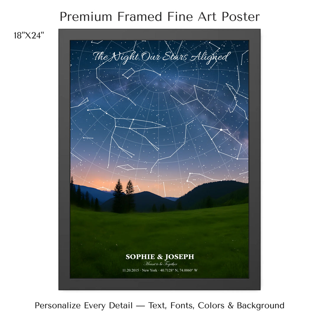 Personalized star map wall art with customizable background, title, names, date, location, and coordinates - 18x24 framed poster-ARTFULANE