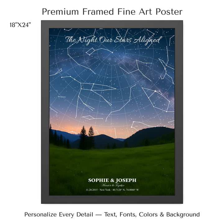 Personalized star map wall art with customizable background, title, names, date, location, and coordinates - 18x24 framed poster-ARTFULANE