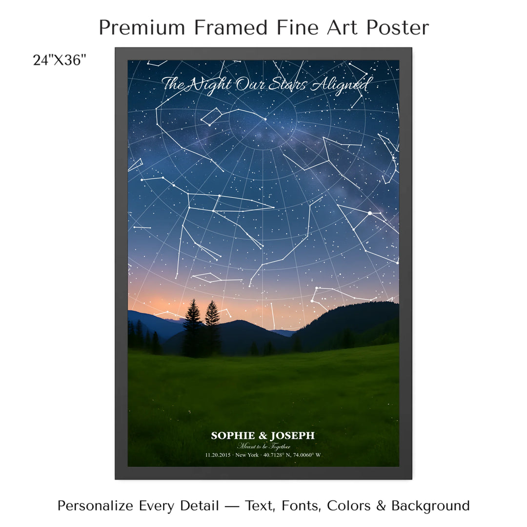 Personalized star map wall art with customizable background, title, names, date, location, and coordinates - 24x36 framed poster-ARTFULANE