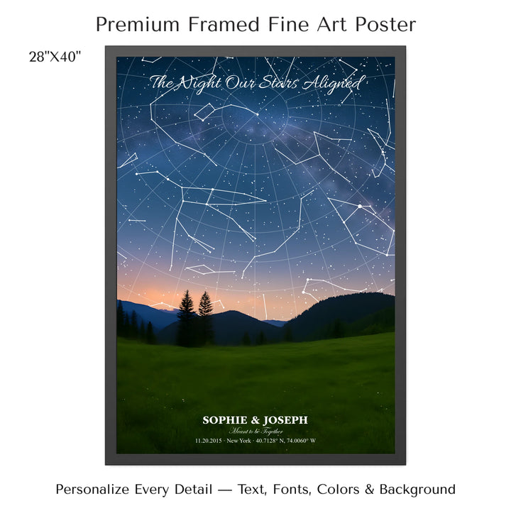Personalized star map wall art with customizable background, title, names, date, location, and coordinates - 28x40 framed poster-ARTFULANE