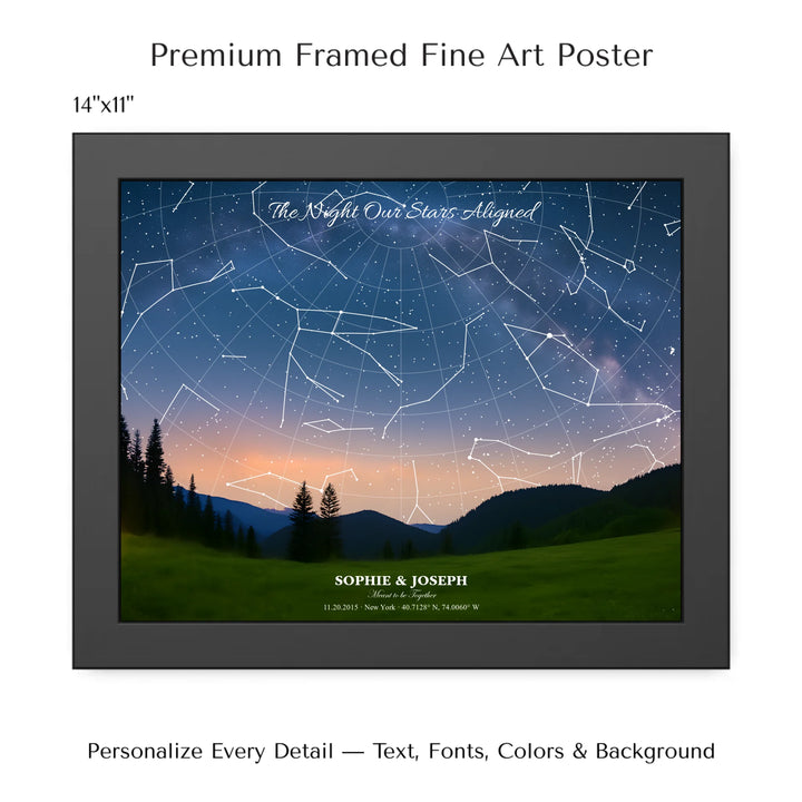 Personalized star map wall art with customizable background, title, names, date, location, and coordinates - 14x11 framed poster-ARTFULANE