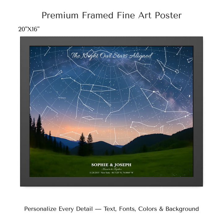 Personalized star map wall art with customizable background, title, names, date, location, and coordinates - 20x16 framed poster-ARTFULANE