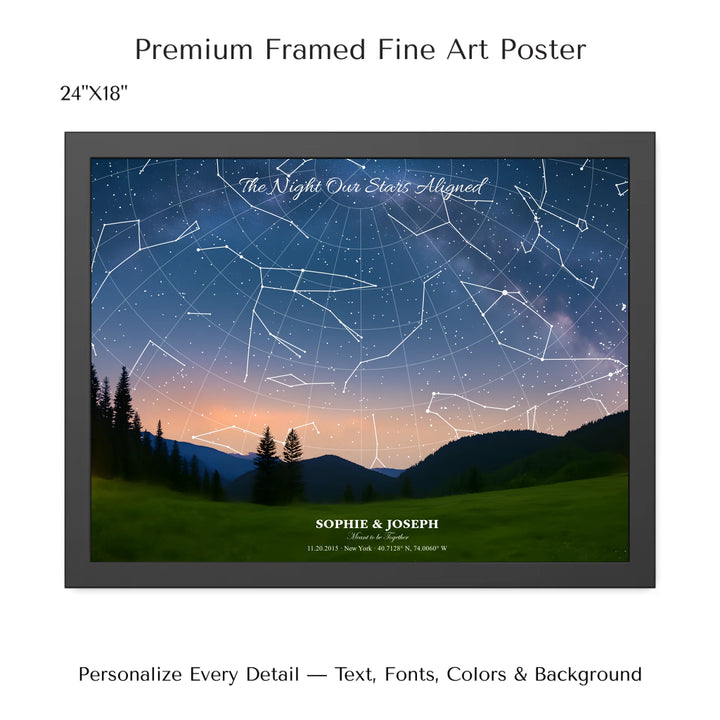 Personalized star map wall art with customizable background, title, names, date, location, and coordinates - 24x18 framed poster-ARTFULANE