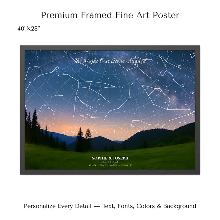 Personalized star map wall art with customizable background, title, names, date, location, and coordinates - 40x28 framed poster-ARTFULANE