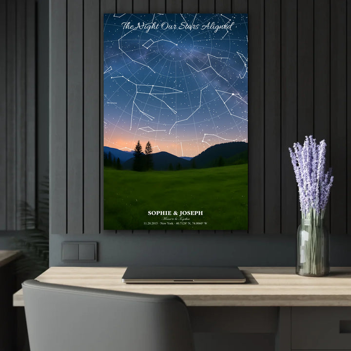 Personalized star map wall art with customizable background, title, names, date, location, and coordinates - 24x36 acrylic print french with cleat context-ARTFULANE