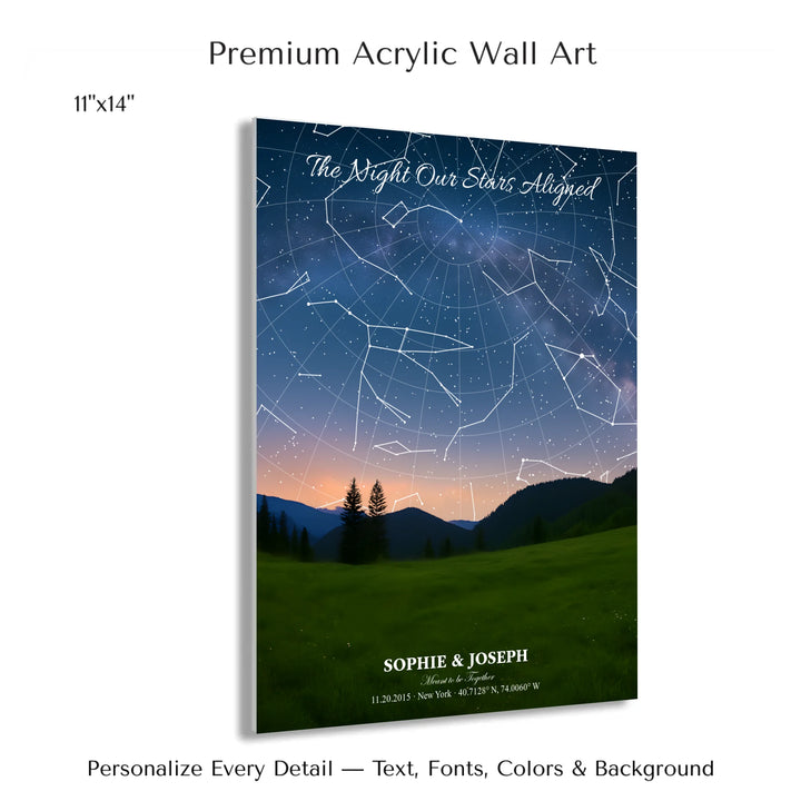 Personalized star map wall art with customizable background, title, names, date, location, and coordinates - 11x14 acrylic print with french cleat-ARTFULANE
