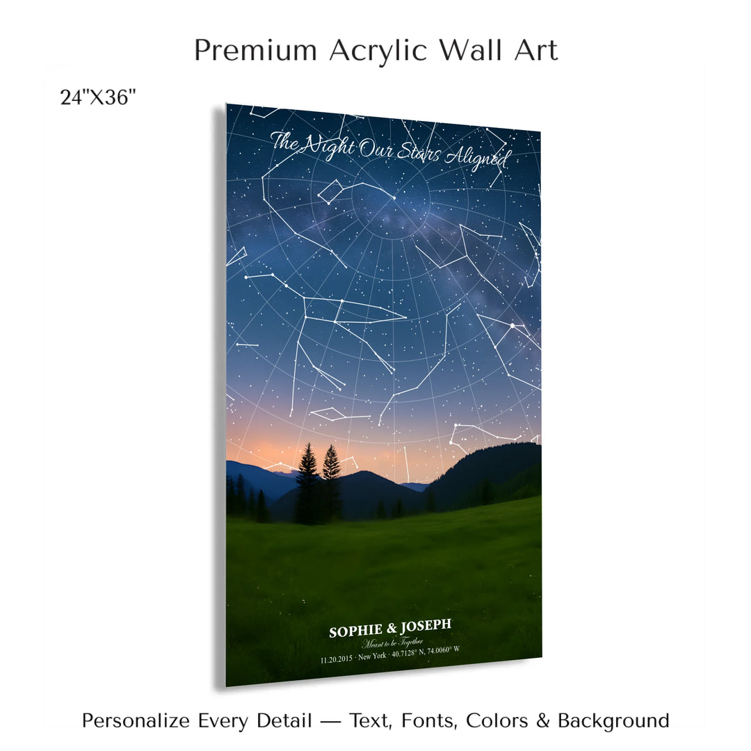 Personalized star map wall art with customizable background, title, names, date, location, and coordinates - 24x36 acrylic print with french cleat-ARTFULANE
