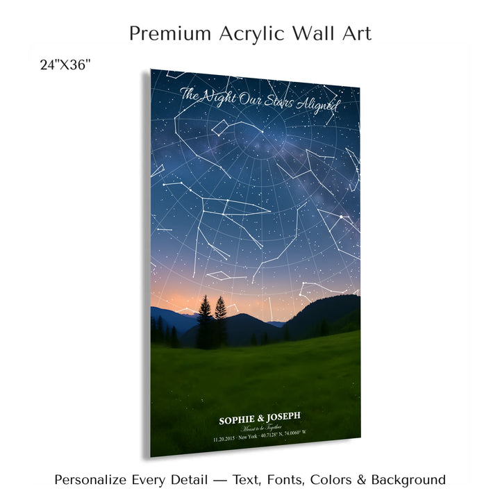 Personalized star map wall art with customizable background, title, names, date, location, and coordinates - 24x36 acrylic print with french cleat-ARTFULANE
