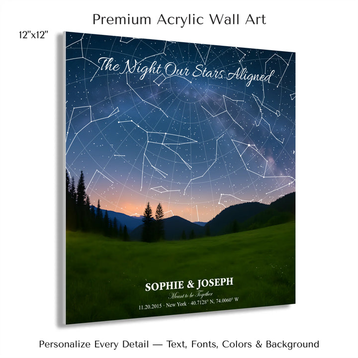 Personalized star map wall art with customizable background, title, names, date, location, and coordinates - 12x12 acrylic print with french cleat-ARTFULANE