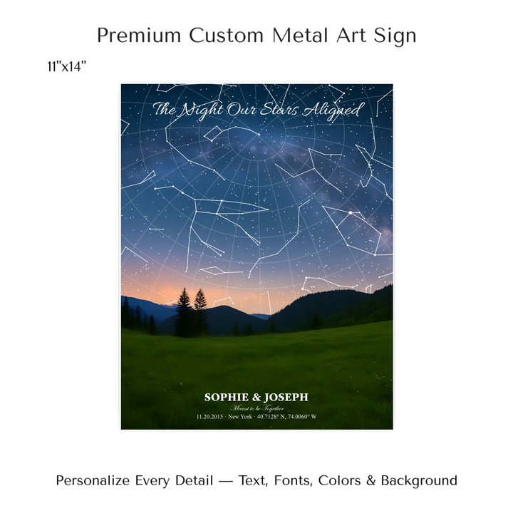 Personalized star map wall art with customizable background, title, names, date, location, and coordinates - 11x14 metal art sign-ARTFULANE