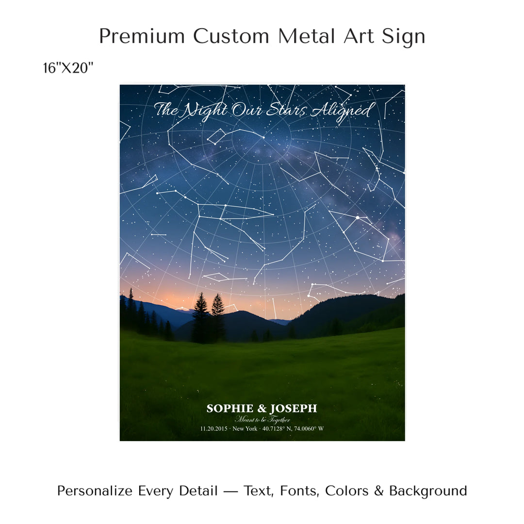 Personalized star map wall art with customizable background, title, names, date, location, and coordinates - 16x20 metal art sign-ARTFULANE