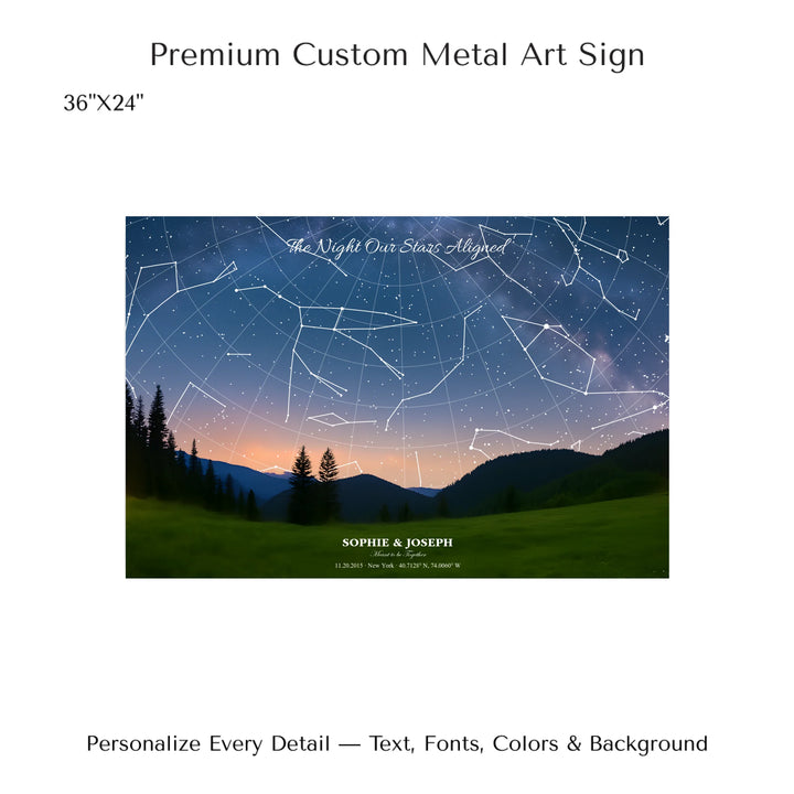 Personalized star map wall art with customizable background, title, names, date, location, and coordinates - 36x24 metal art sign-ARTFULANE